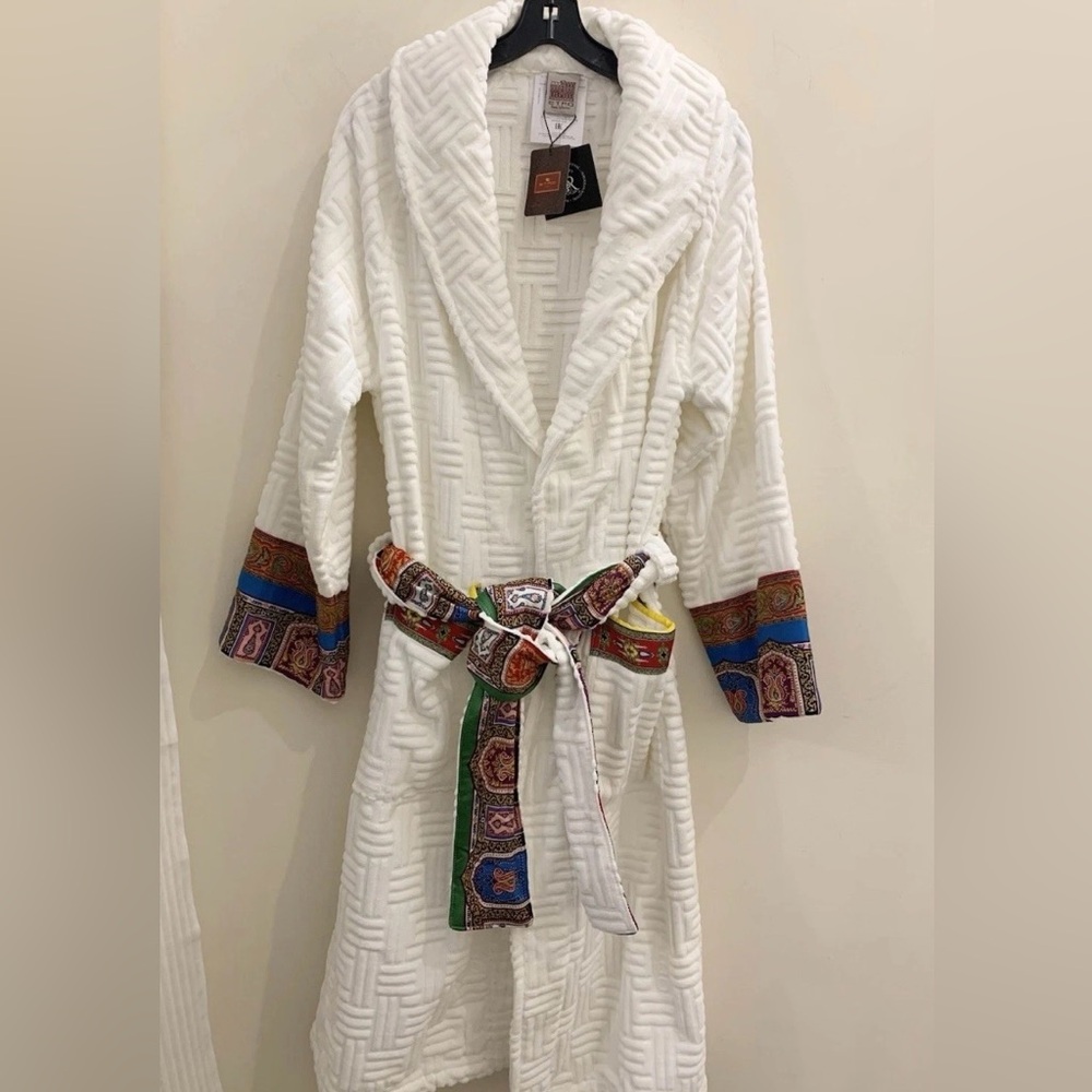 Etro White Terry Cloth Robe Paisley Belt and Cuffs Home Collection Bathrobe